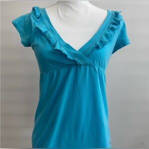 Vintage Hollister ruffled v-neck babydoll top neon blue